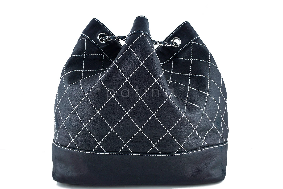 Chanel Black Large Contrast Stitch Quilted Drawstring Bag - Image 3