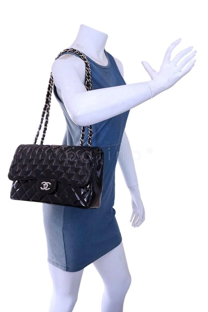 Chanel Black Patent Jumbo Classic Flap Bag SHW - Image 14