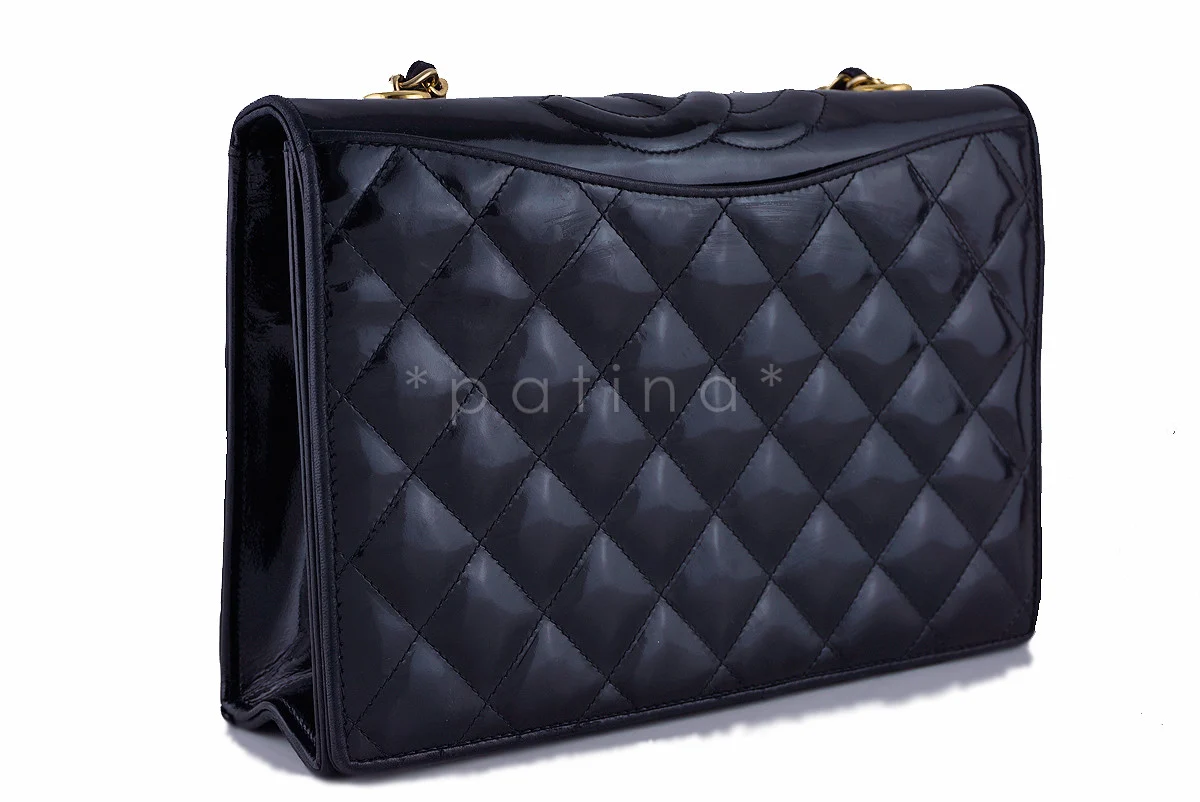 Chanel Black Patent Quilted Vintage Timeless Logo Classic Flap Bag - Image 3