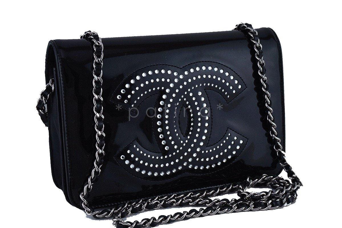 Chanel Black Patent Strass Crystals WOC Flap Wallet on Chain Purse Bag - Image 2
