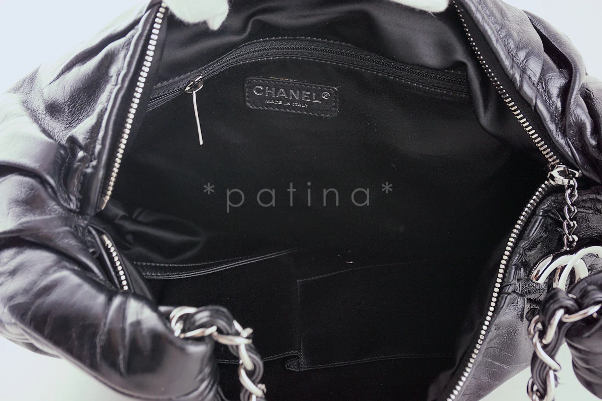 Chanel Black Ruched Luxury Hobo Tote Bag CC Charm - Image 8