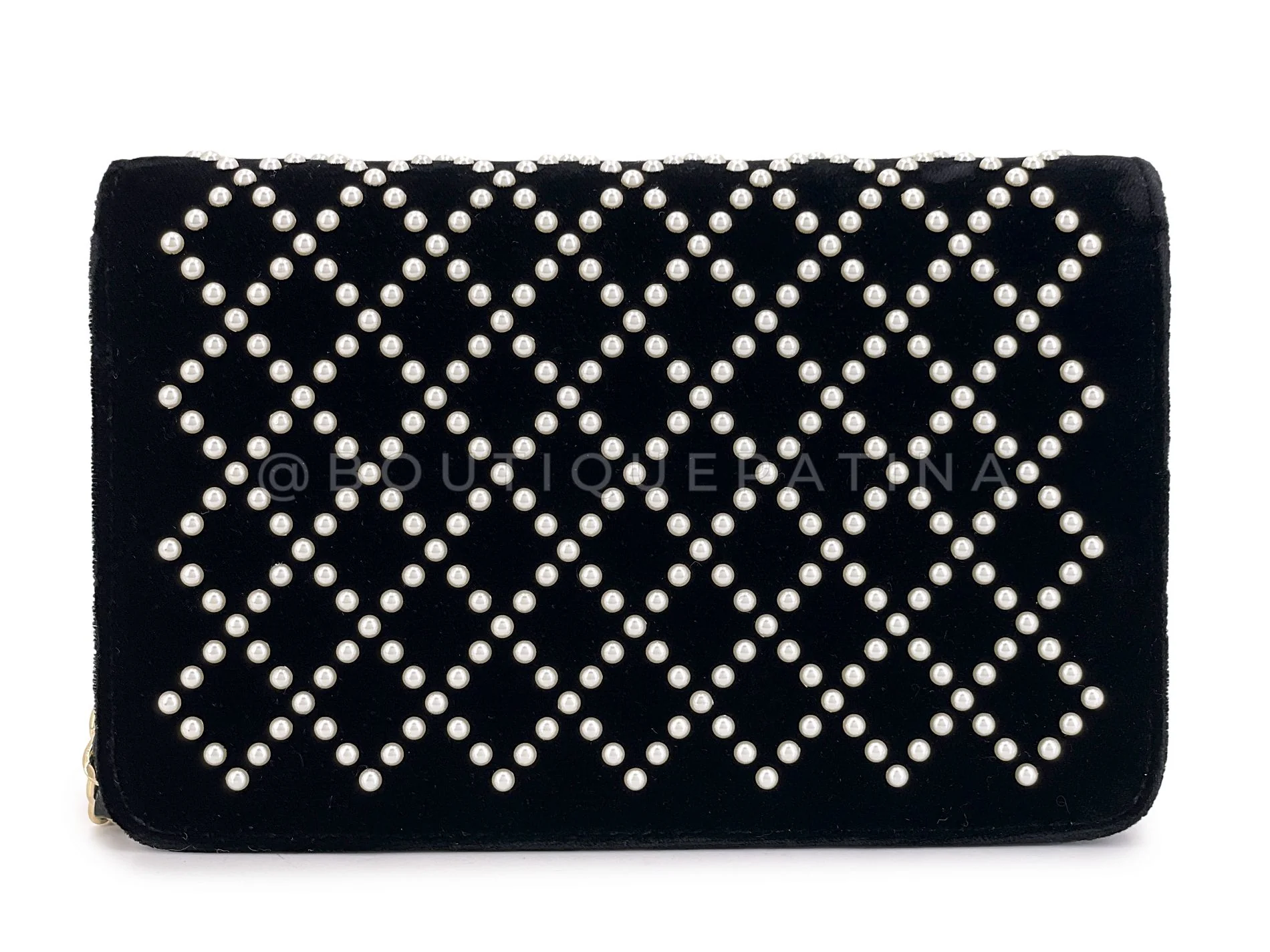 Chanel Black Velvet Pearl Studded Wallet on Chain WOC Evening Bag GHW X3O - Image 5