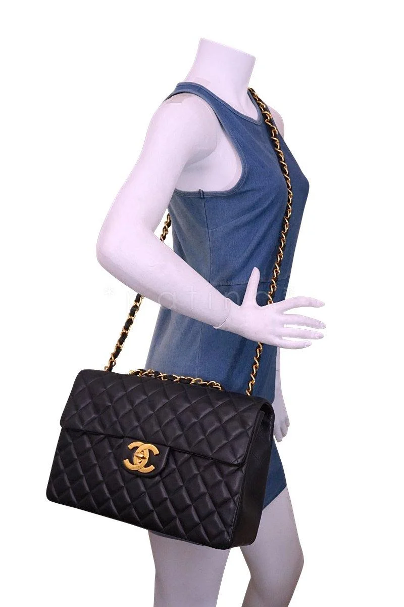 Chanel Black Vintage Maxi Jumbo XL Classic Lambskin Flap Bag - Image 14