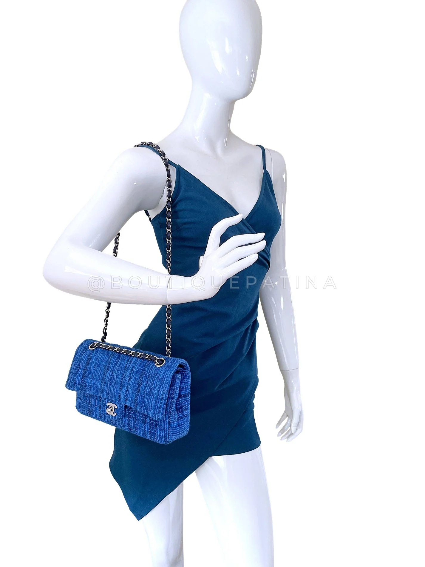 Chanel Blue Tweed Medium Classic Double Flap Bag SHW  QEU - Image 15