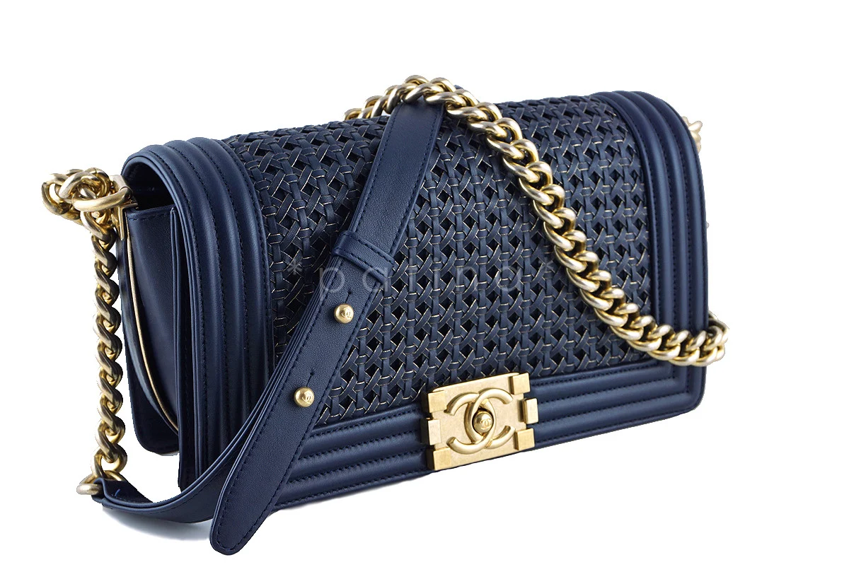 Chanel Boy Bag, Navy Blue Medium Gold-Trimmed Woven Flap - Image 2