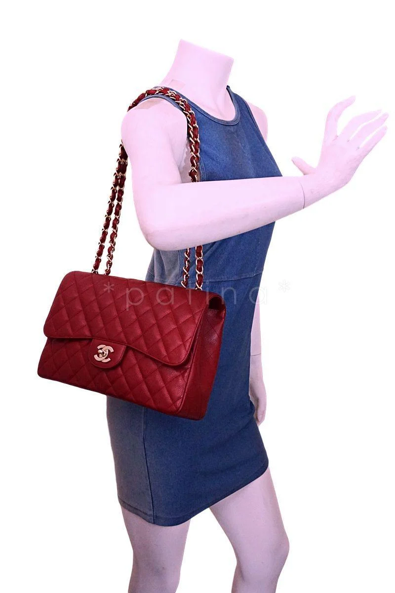 Chanel Burgundy Red Caviar Jumbo Classic Flap Bag GHW - Image 14