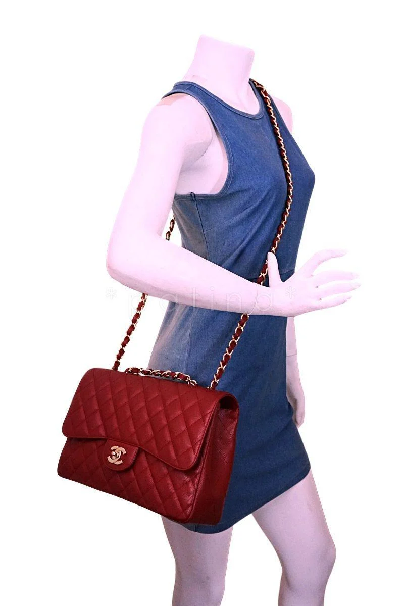 Chanel Burgundy Red Caviar Jumbo Classic Flap Bag GHW - Image 15