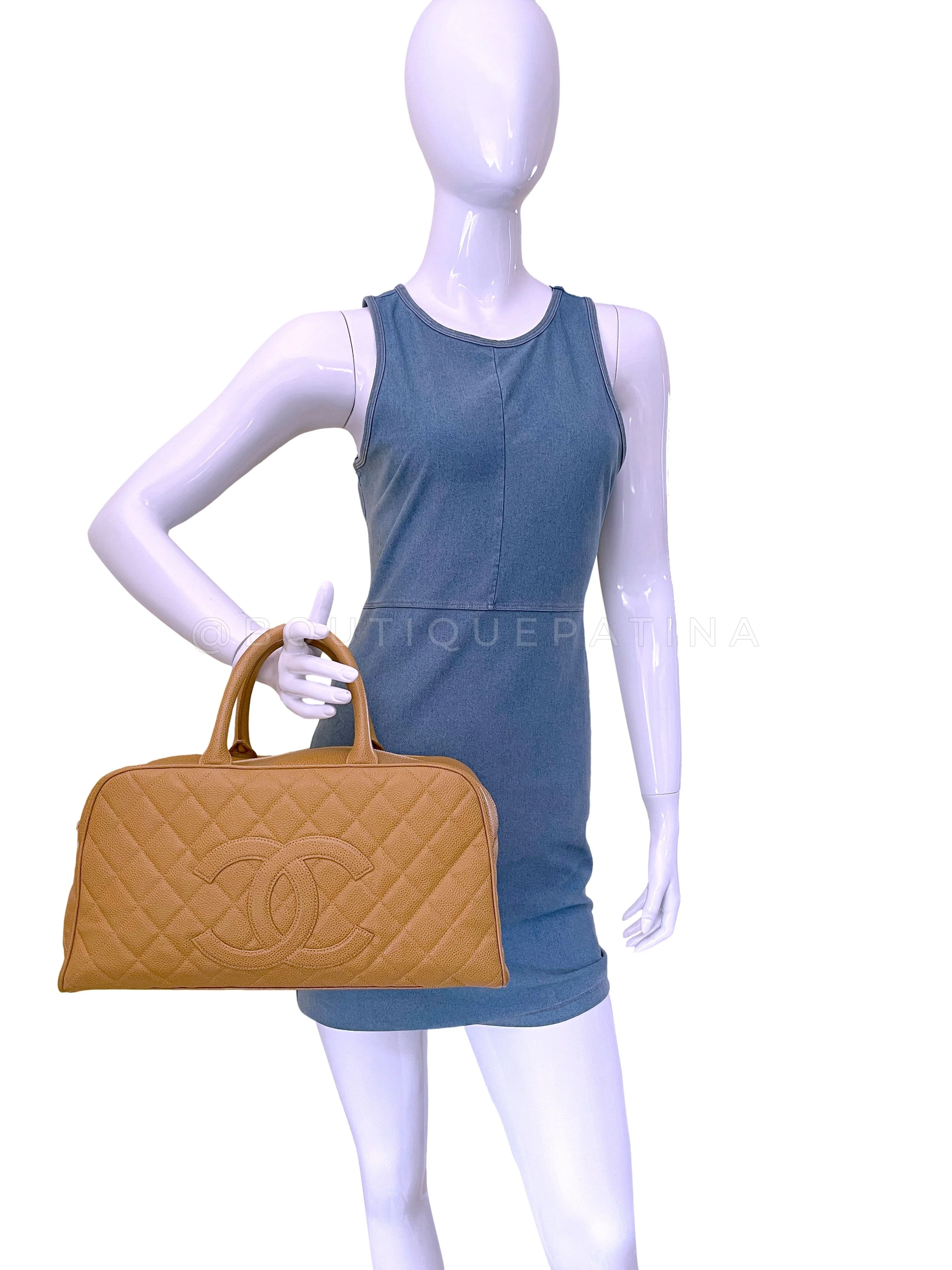 Chanel Caramel Beige Caviar XL Large Bowler Duffle Bag - Image 11