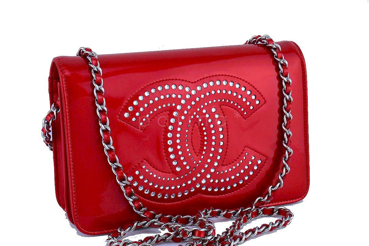 Chanel Cherry Red Patent Strass Crystals WOC Wallet on Chain Purse Bag - Image 2