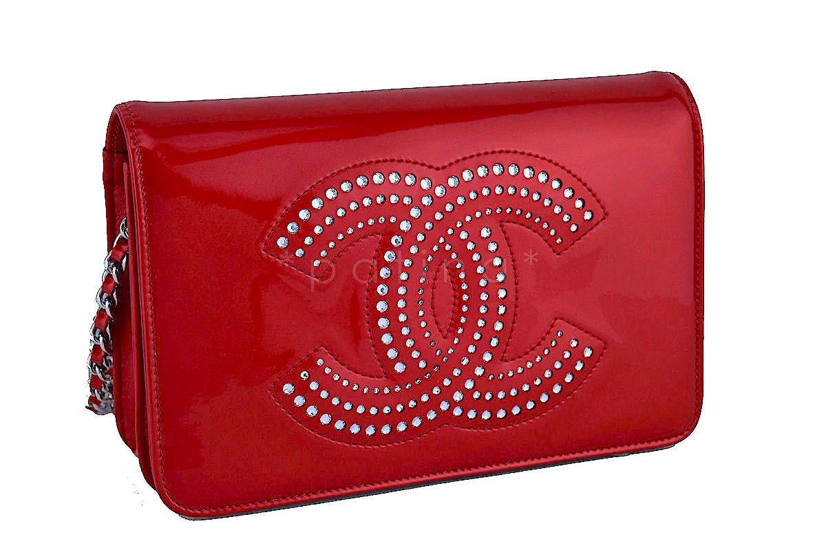 Chanel Cherry Red Patent Strass Crystals WOC Wallet on Chain Purse Bag - Image 3