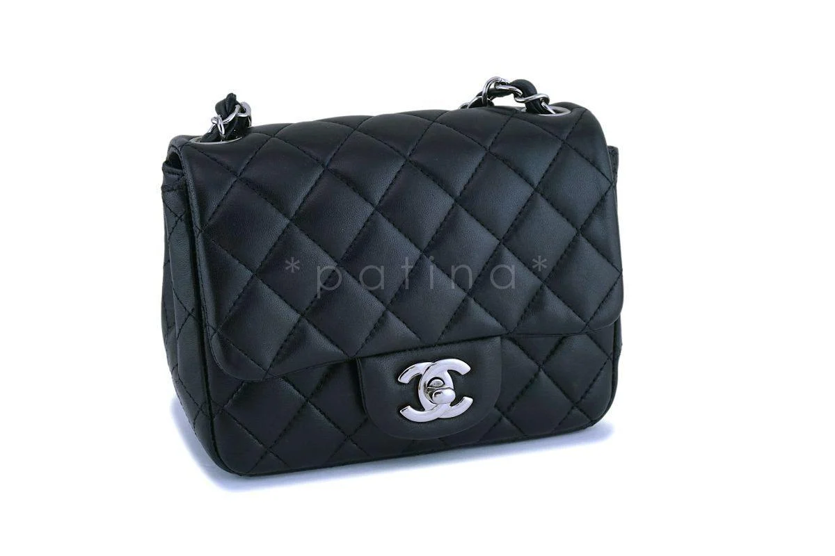 Chanel Classic Mini Square Black Lambskin Crossbody Bag SHW - Image 3