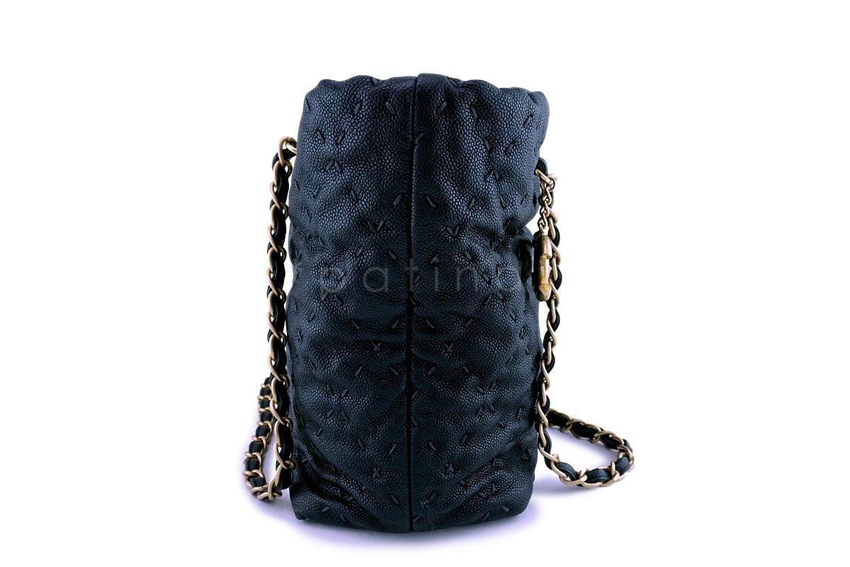 Chanel Dark Blue-Black Quilted Caviar Brushed Gold Charm Tote Bag - Image 4