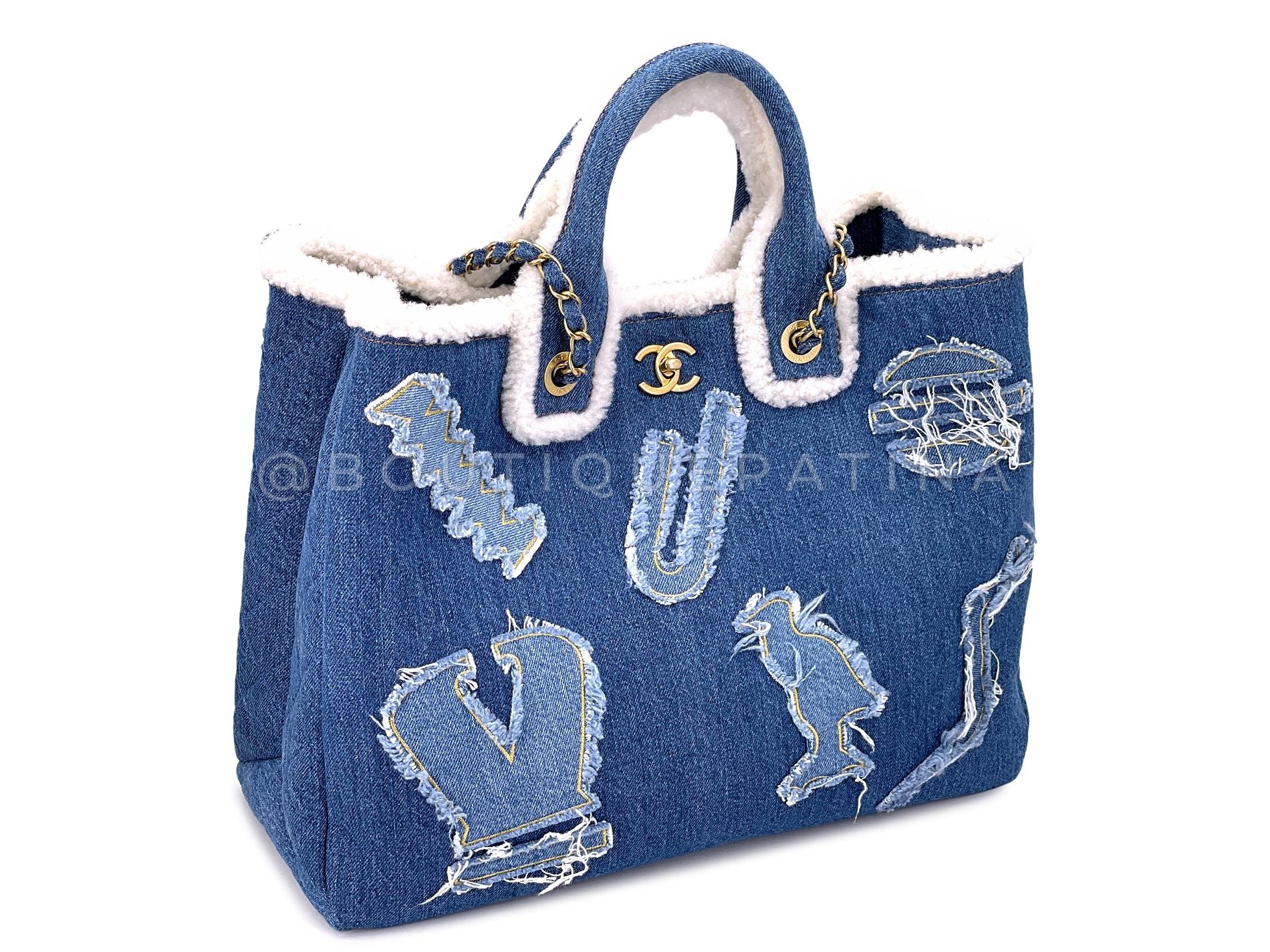Chanel Denim Shearling Tote Bag Egyptian Paris-NY Convertible 19A GHW J7T - Image 3
