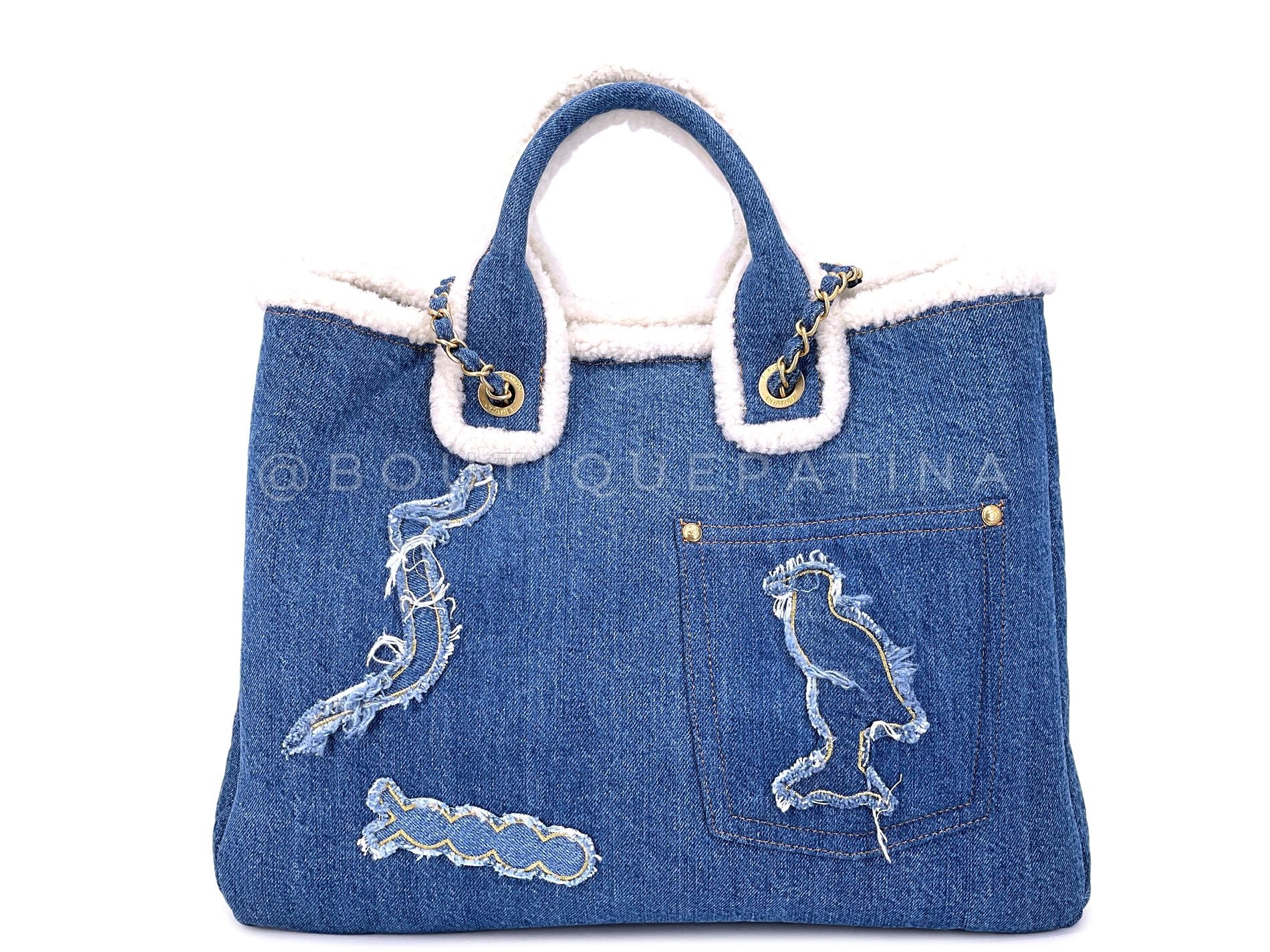 Chanel Denim Shearling Tote Bag Egyptian Paris-NY Convertible 19A GHW J7T - Image 5