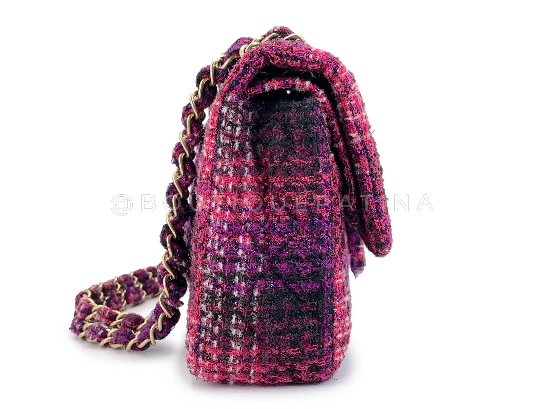 Chanel Fuchsia Purple Tweed Fused Chain Medium Classic Double Flap Bag GHW C06 - Image 4