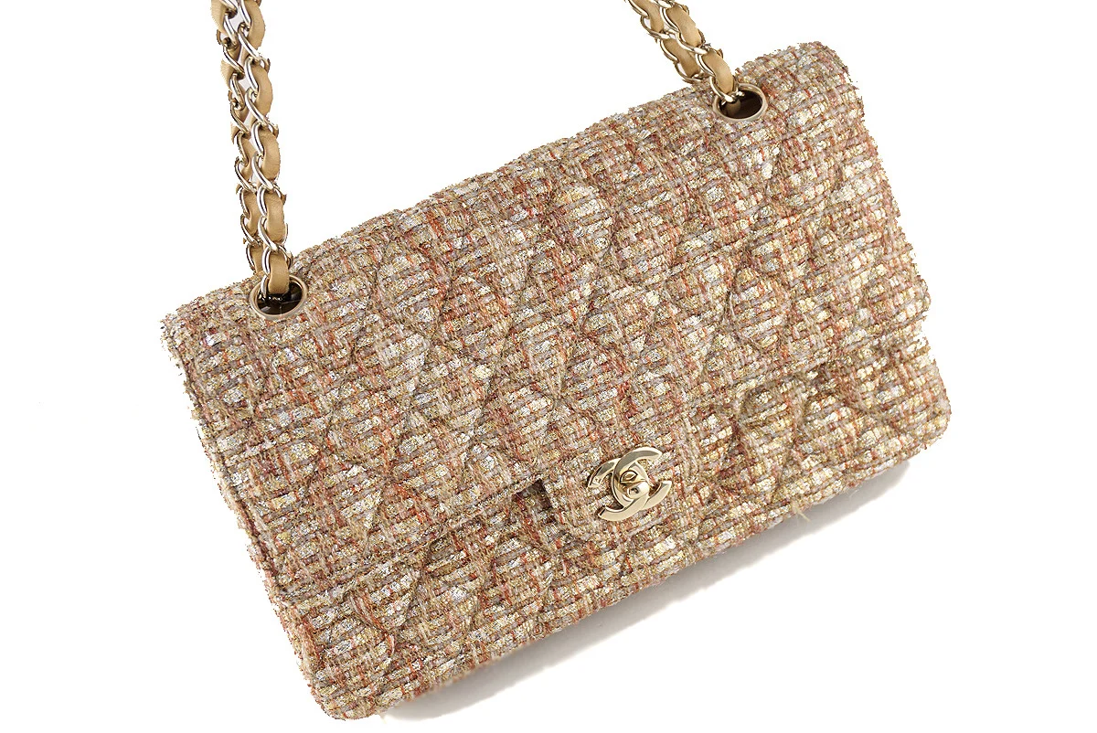 Chanel Gold-Beige Tweed Medium Classic 2.55 Flap Bag - Image 2