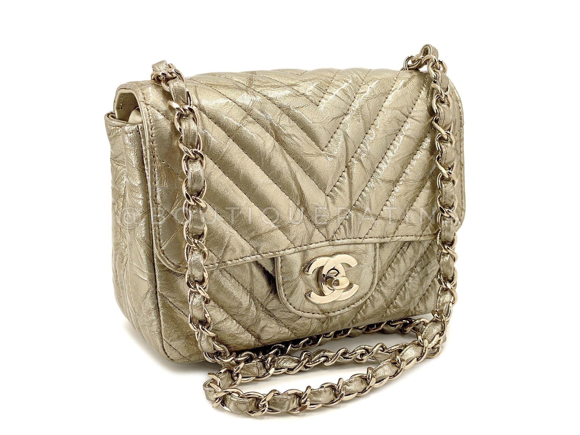Chanel Gold Mini Flap Distressed Chevron Square 18S Crumpled Patent Bag GHW NPR - Image 2