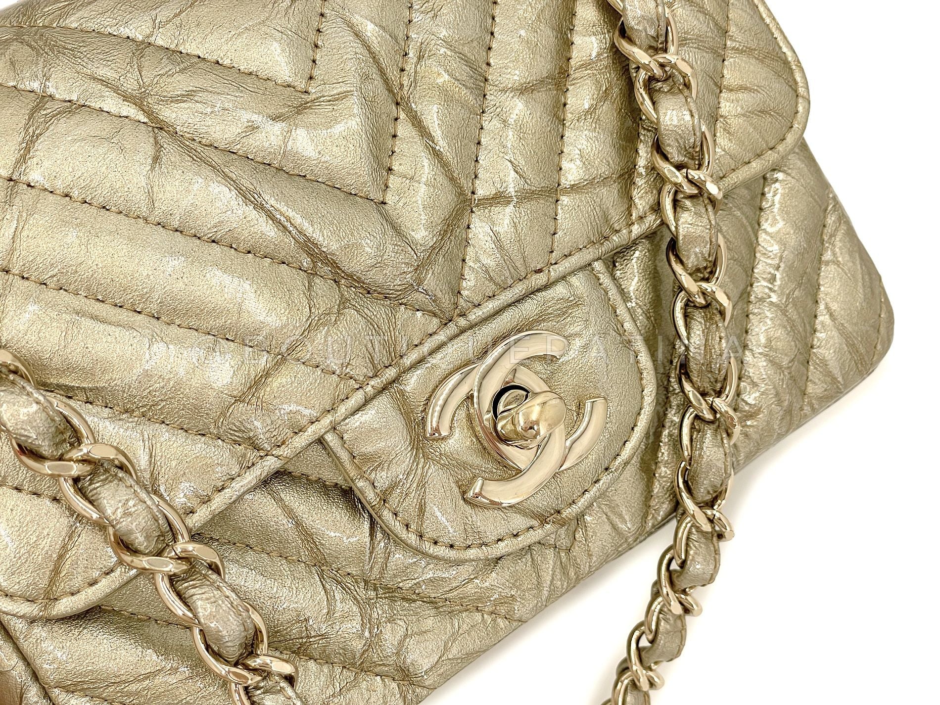Chanel Gold Mini Flap Distressed Chevron Square 18S Crumpled Patent Bag GHW NPR - Image 8
