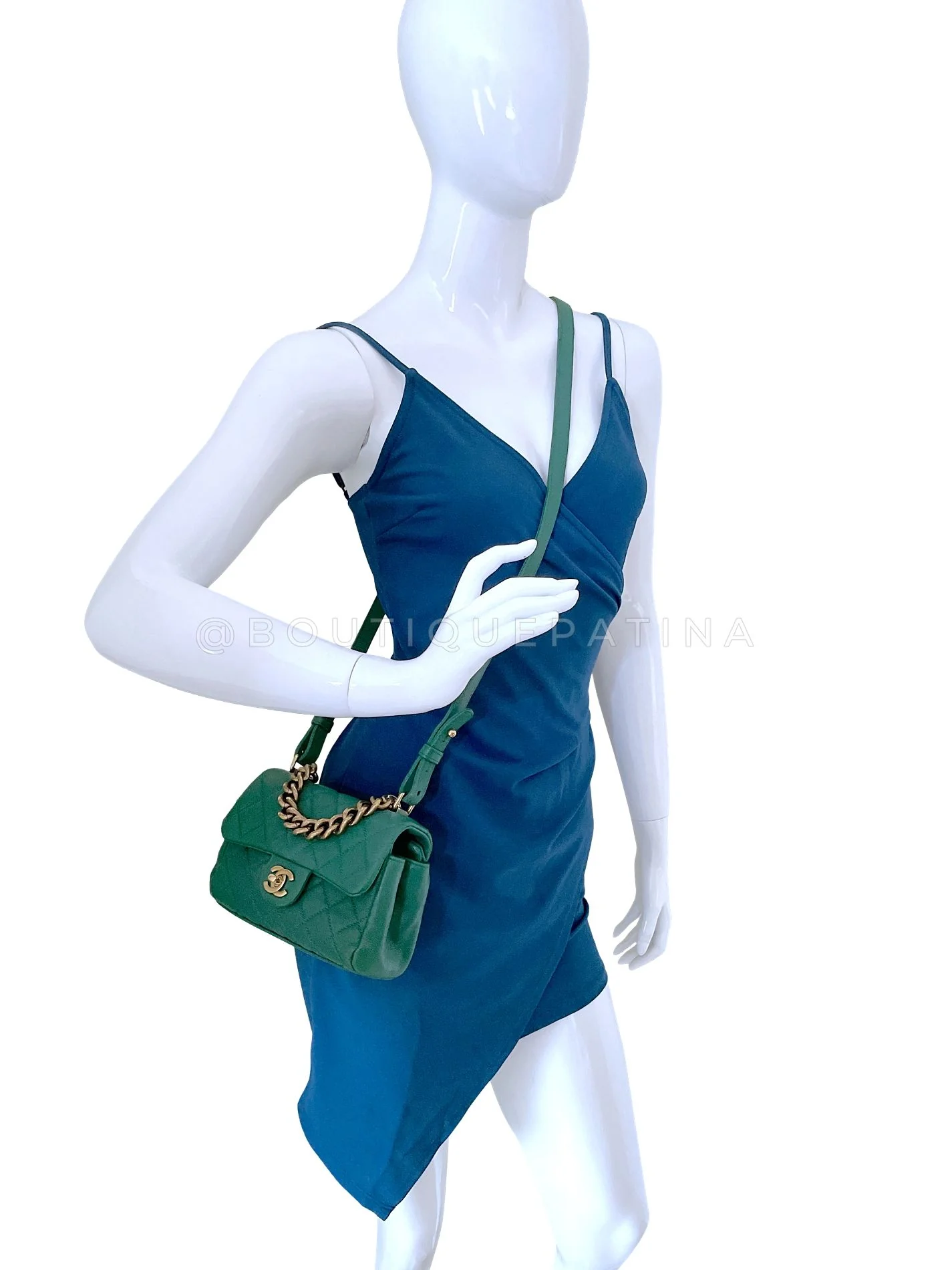 Chanel Green Mini Flap Trapezio Top Handle Crossbody Goatskin Bag - Image 14