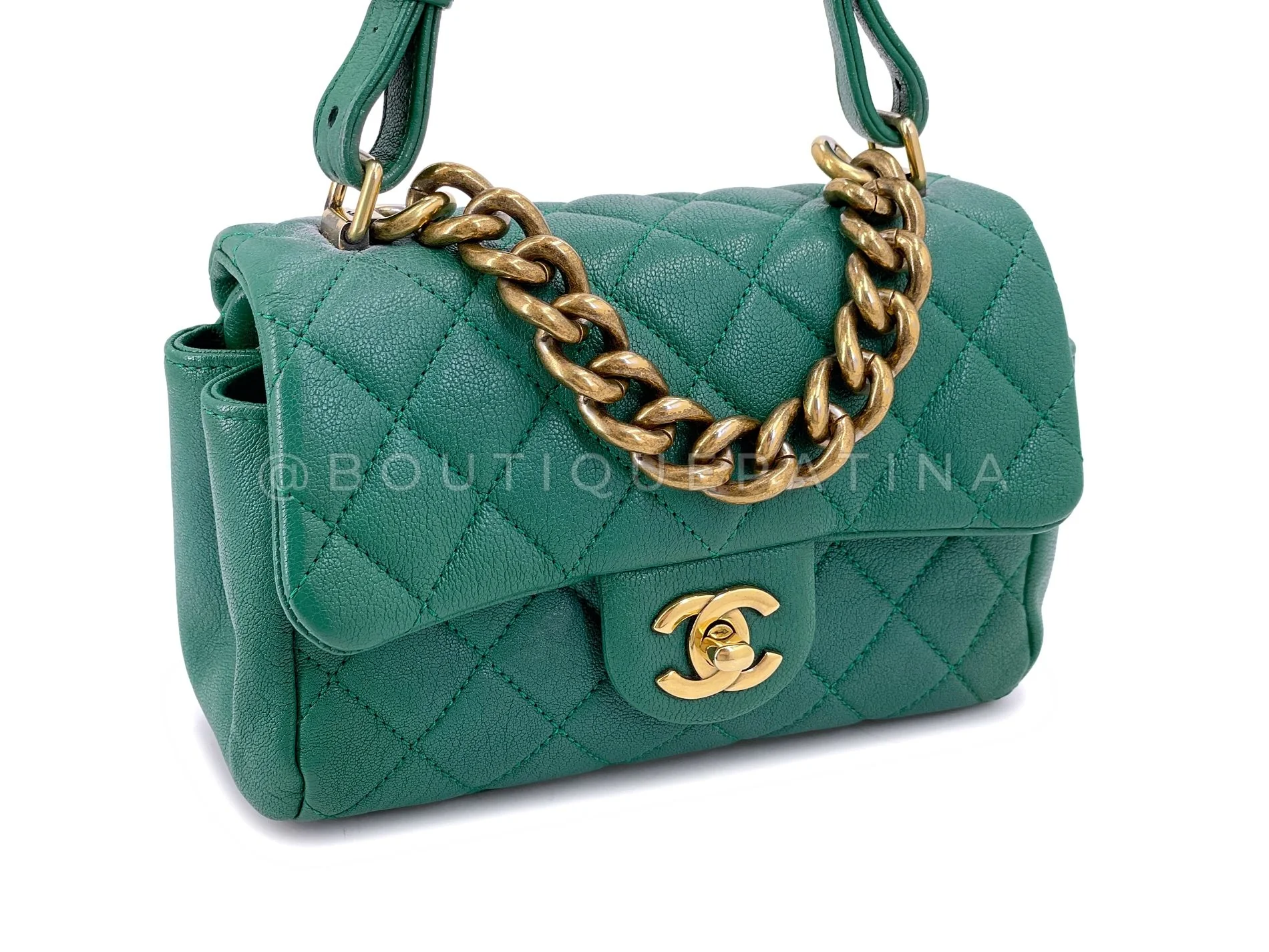 Chanel Green Mini Flap Trapezio Top Handle Crossbody Goatskin Bag - Image 3