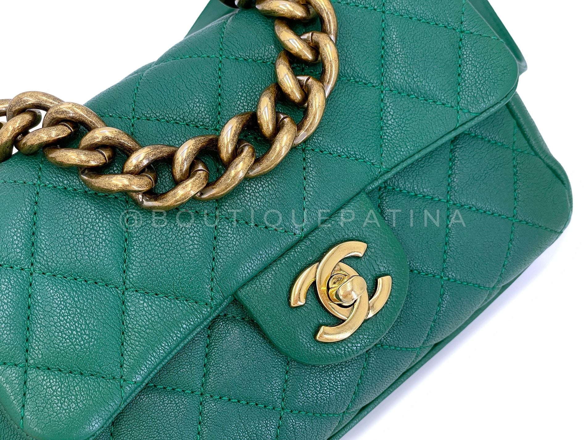 Chanel Green Mini Flap Trapezio Top Handle Crossbody Goatskin Bag - Image 8