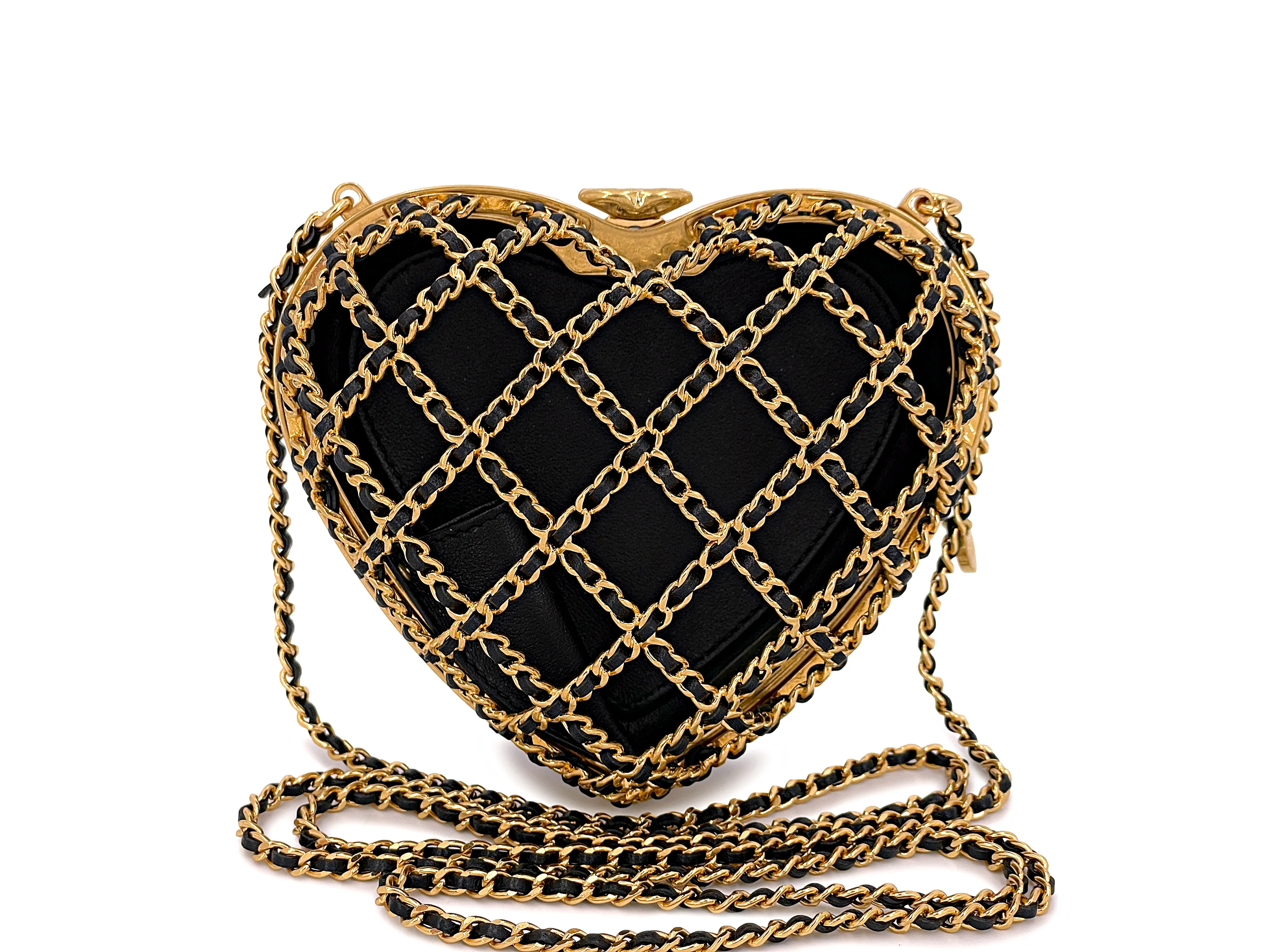 NIB 23S Chanel Caged Heart Minaudière Evening Clutch Bag Gold Black 7LS
