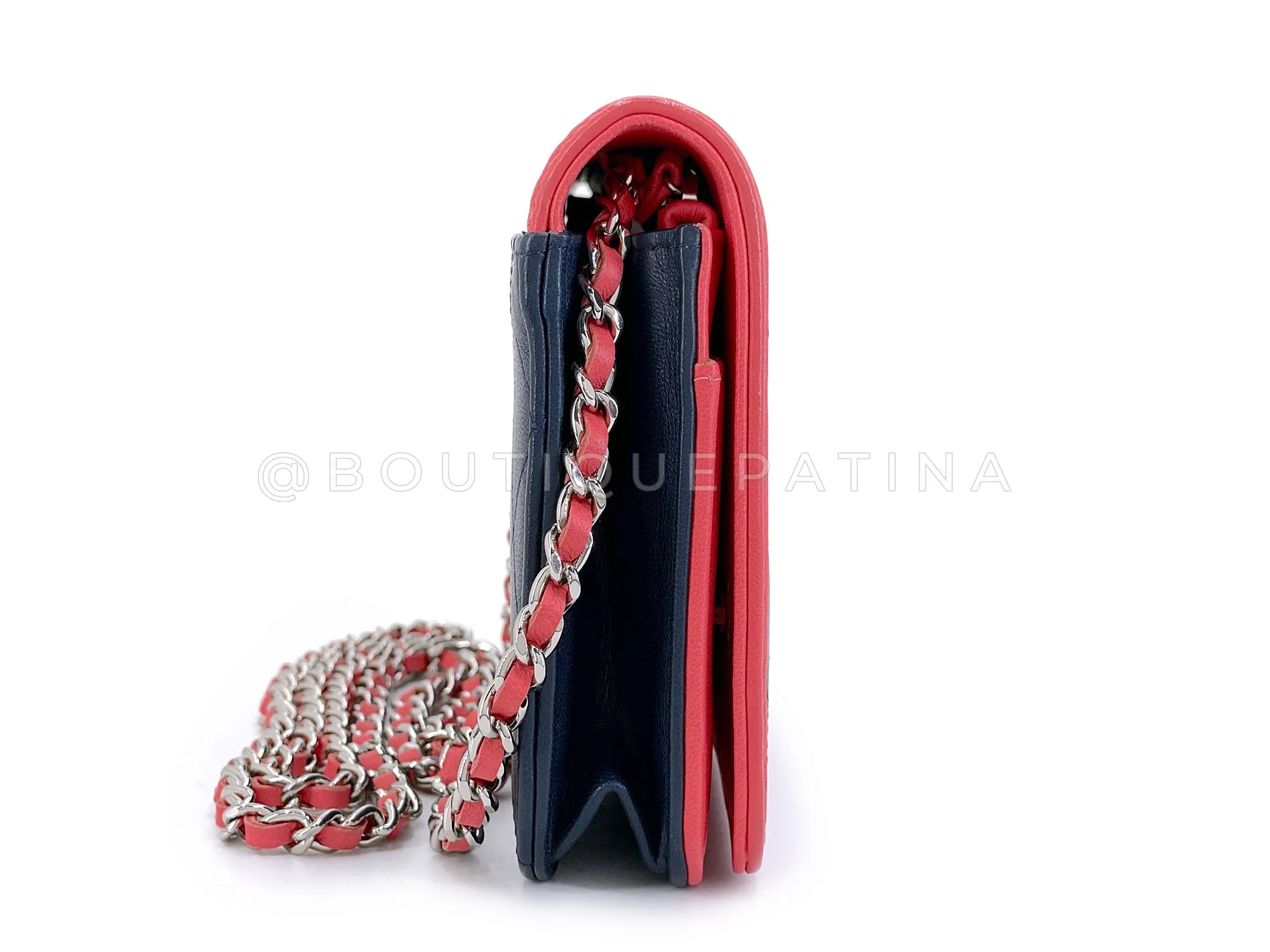 Chanel Navy and Coral Pink Covered CC Wallet on Chain WOC Bag Pristine GMT - Image 4