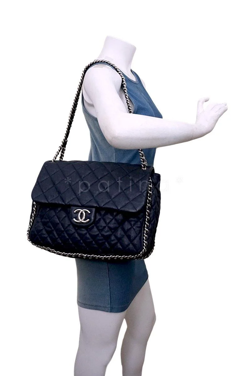 Chanel Navy Blue-Black Chain Around Maxi Luxe Flap Bag - Image 14