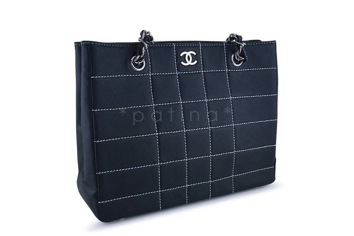 Chanel Navy Blue-Black Contrast Stitch Quilted Shopper Tote Bag - Image 3