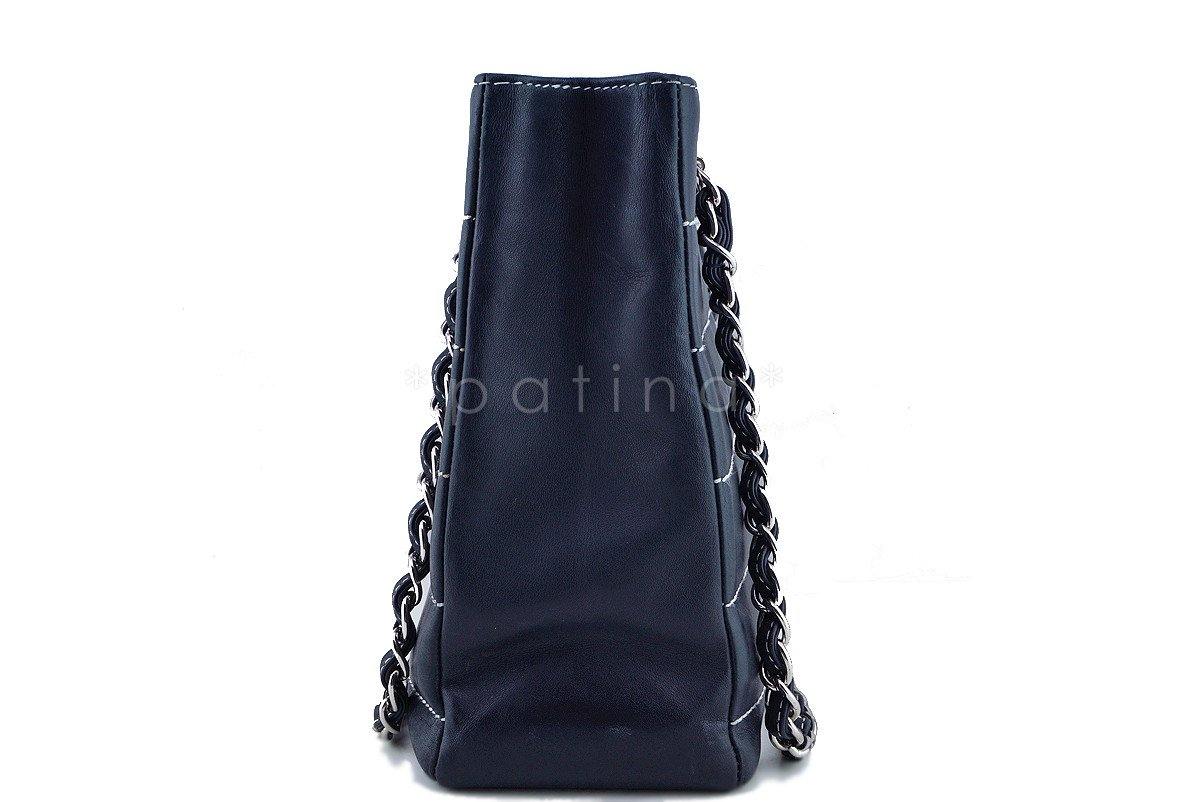 Chanel Navy Blue-Black Contrast Stitch Quilted Shopper Tote Bag - Image 3