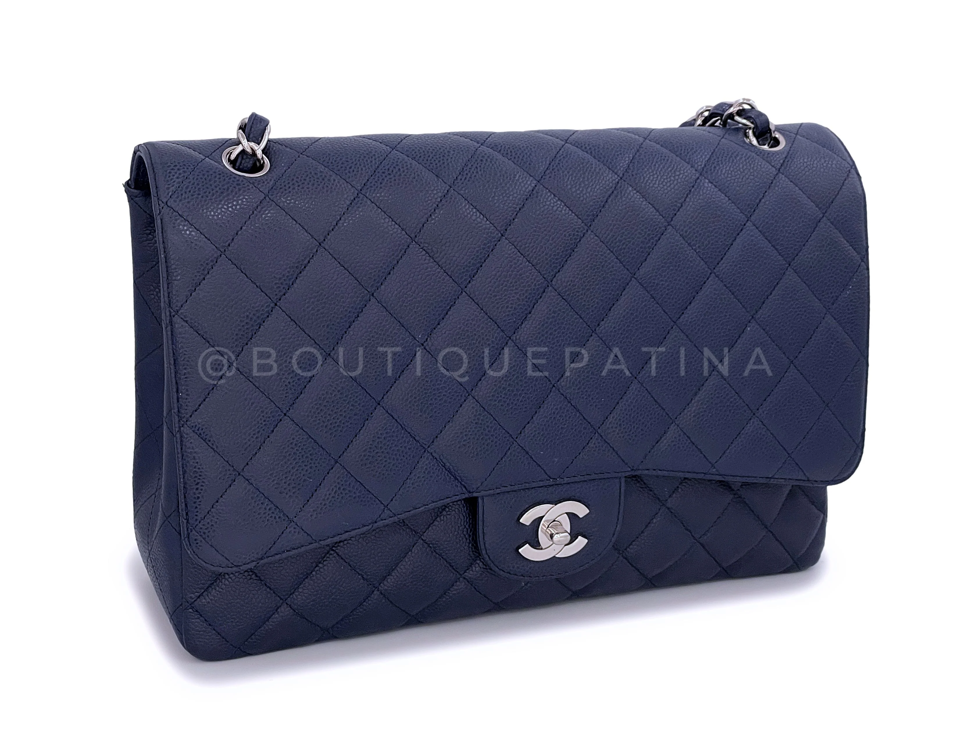 Chanel Navy Blue Caviar Maxi Classic Single Flap Bag SHW - Image 3