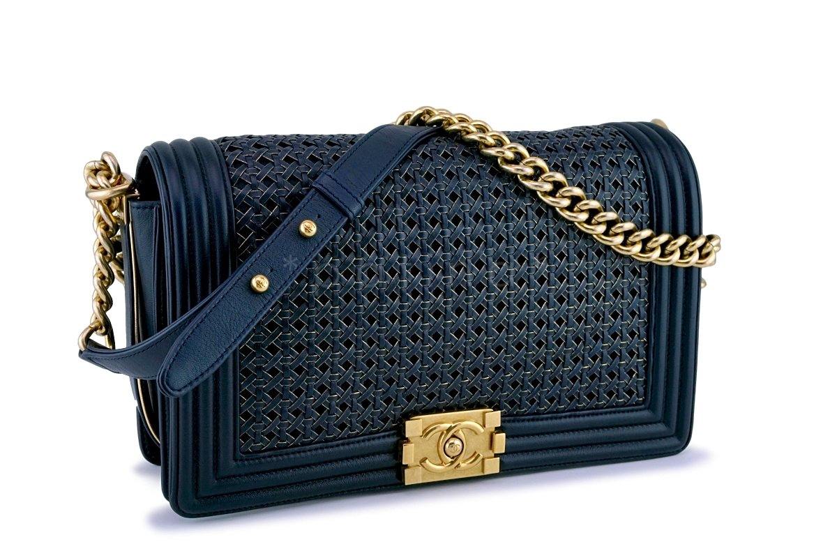 Chanel Navy Blue Gold-Trimmed Woven Boy Flap Bag - Image 2