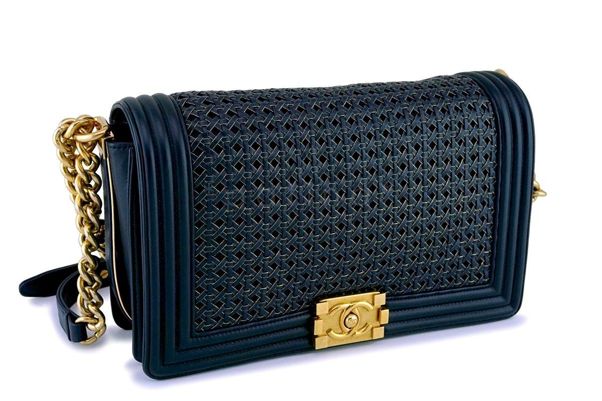 Chanel Navy Blue Gold-Trimmed Woven Boy Flap Bag - Image 3