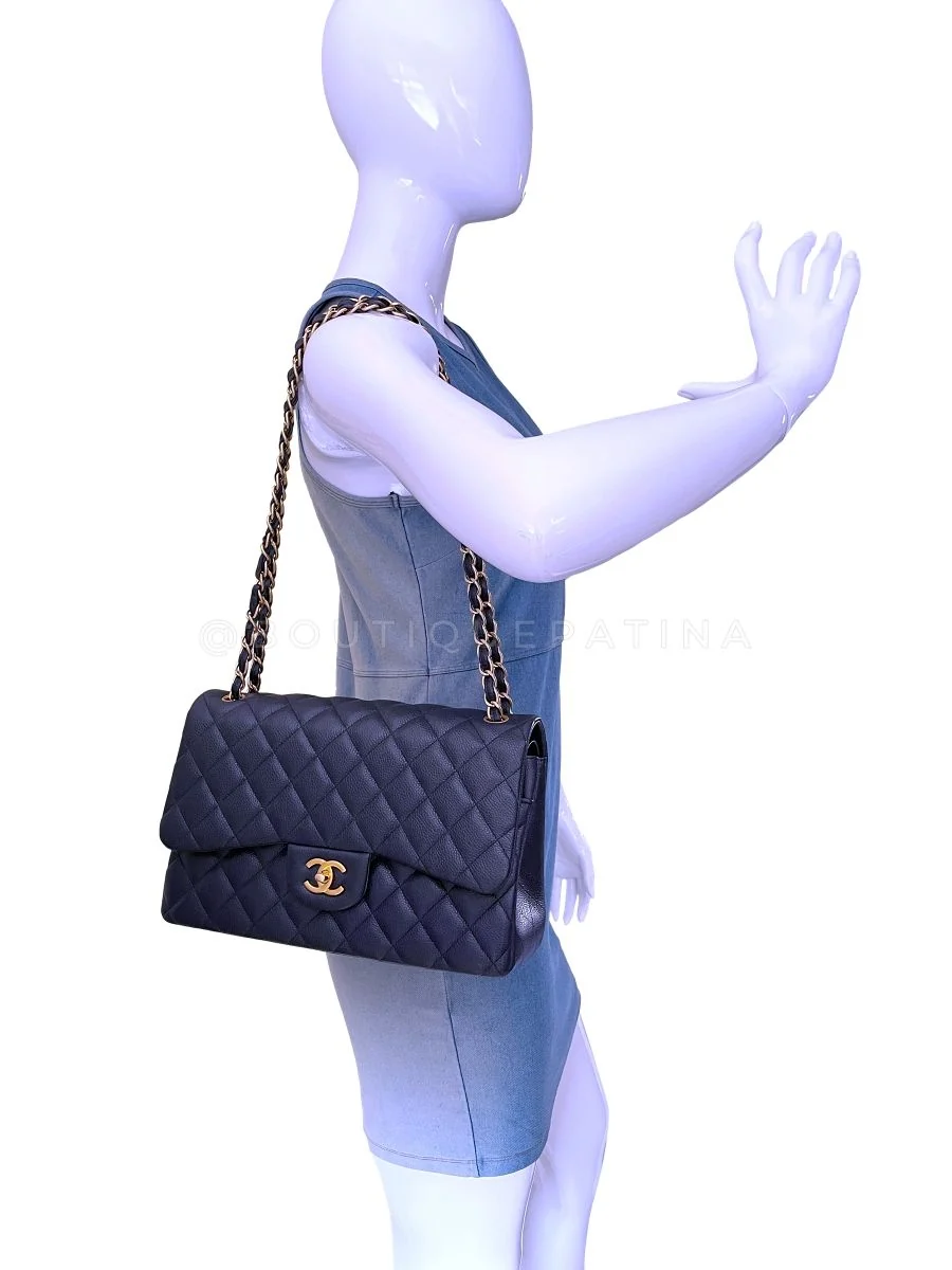 Chanel Navy Caviar Jumbo Classic Double Flap Bag GHW 16C Blue - Image 14