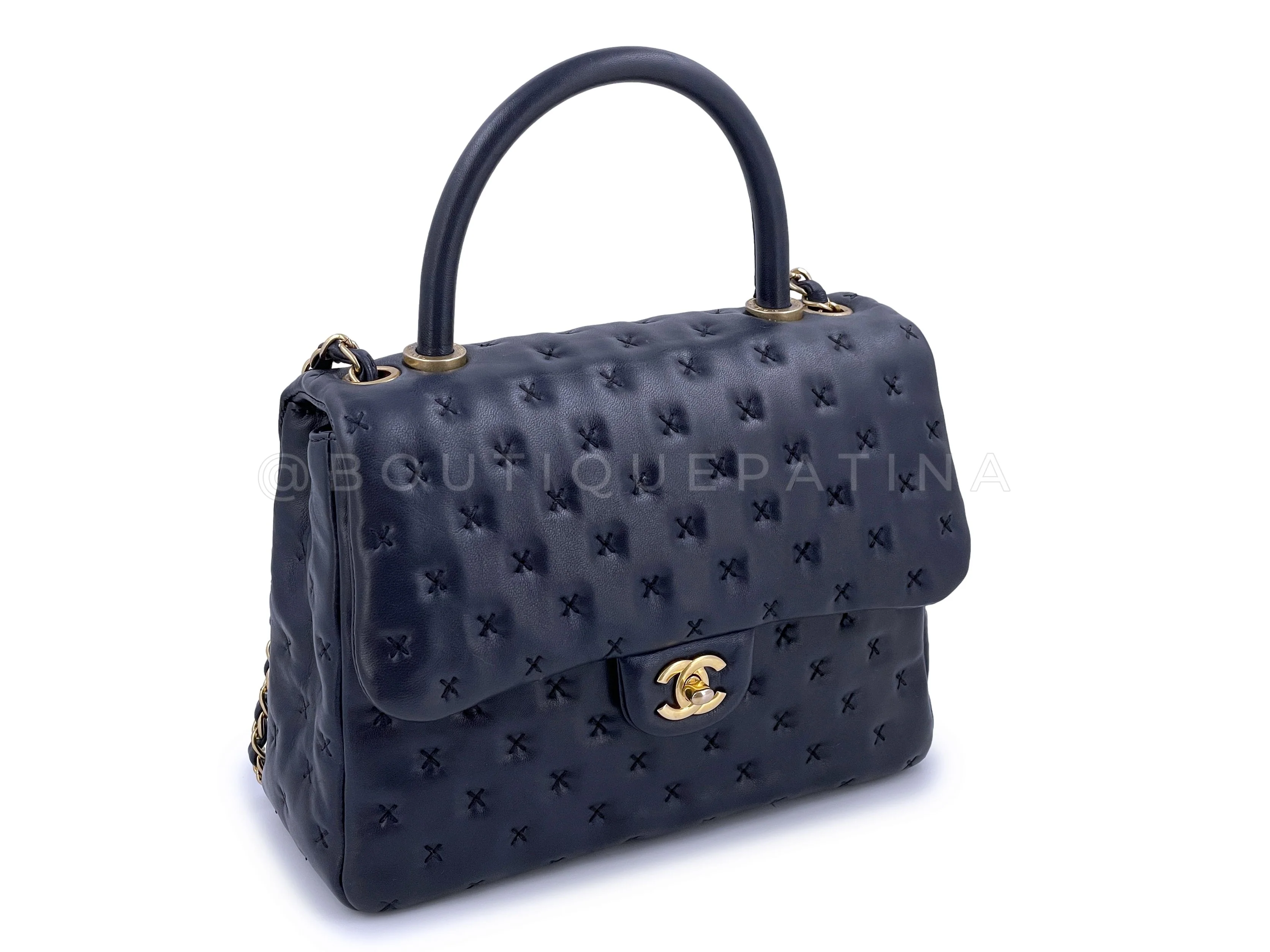 Chanel Paris-Rome Cross Stitch Handle Flap Bag Navy Blue GHW - Image 3
