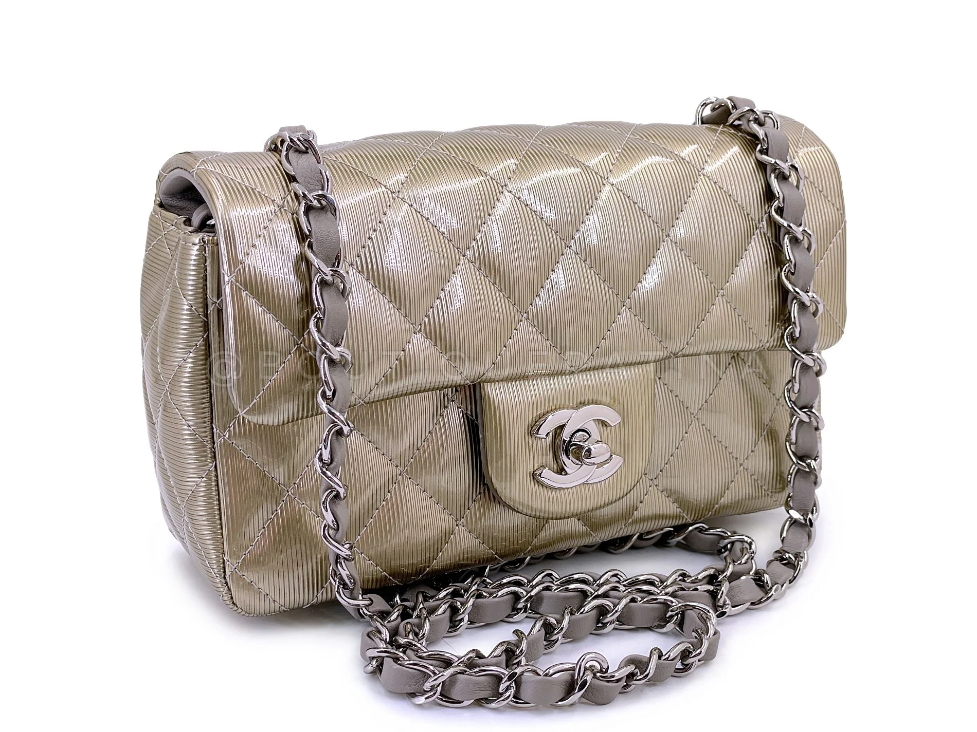 Chanel Pewter-Gold Textured Patent Rectangular Mini Flap Bag RHW ND9 - Image 2