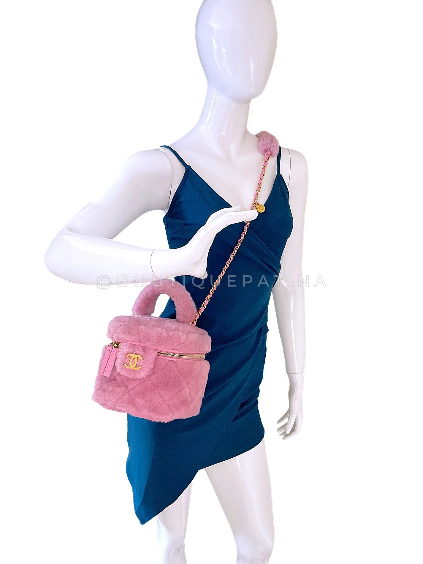 Chanel 2022 Pink Shearling Mini Vanity Bag with Mirror GHW 16Z - Image 17