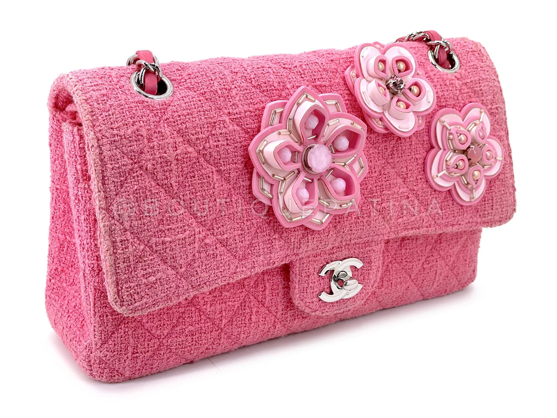 Chanel Pink Tweed Crystal Sakura Flower Flap Bag Silicone SHW LPX - Image 3