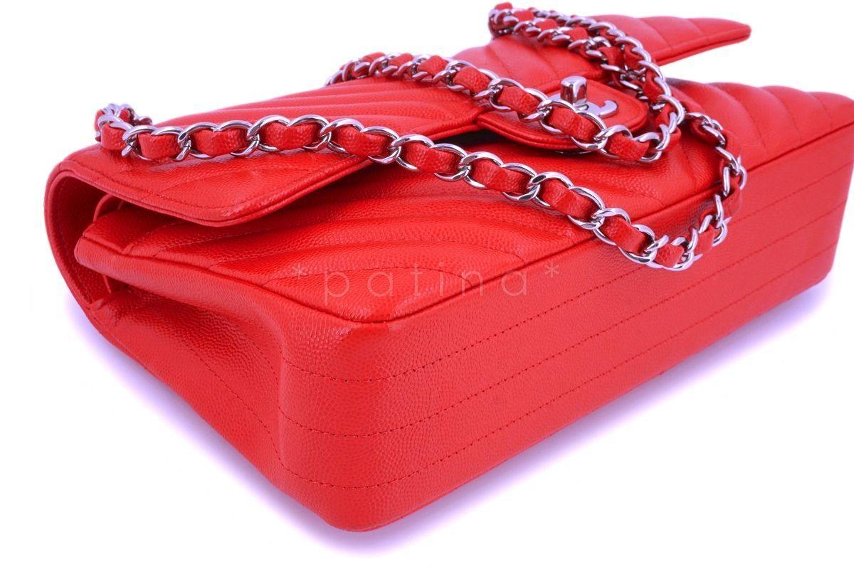 Chanel Red Caviar Medium Chevron Classic Double Flap Bag SHW - Image 8