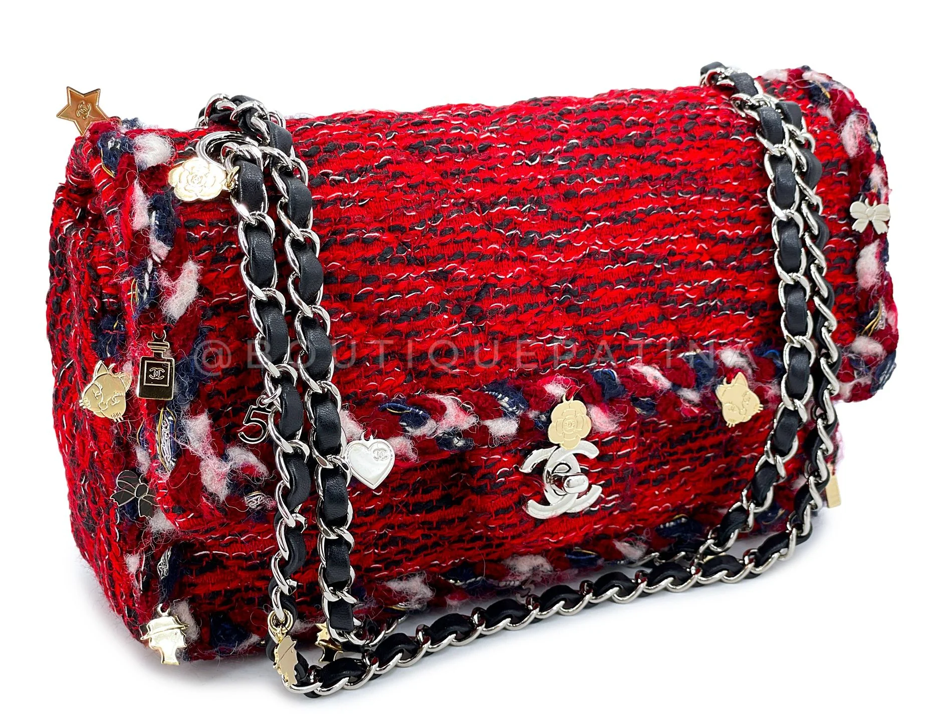 Chanel Red Fringe Tweed Charms Medium Classic Double Flap Bag SHW SEM - Image 2