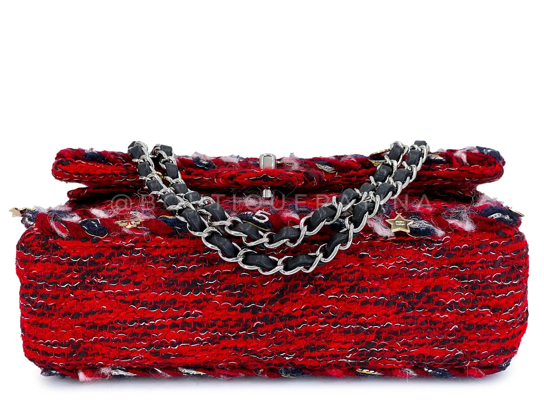 Chanel Red Fringe Tweed Charms Medium Classic Double Flap Bag SHW SEM - Image 6
