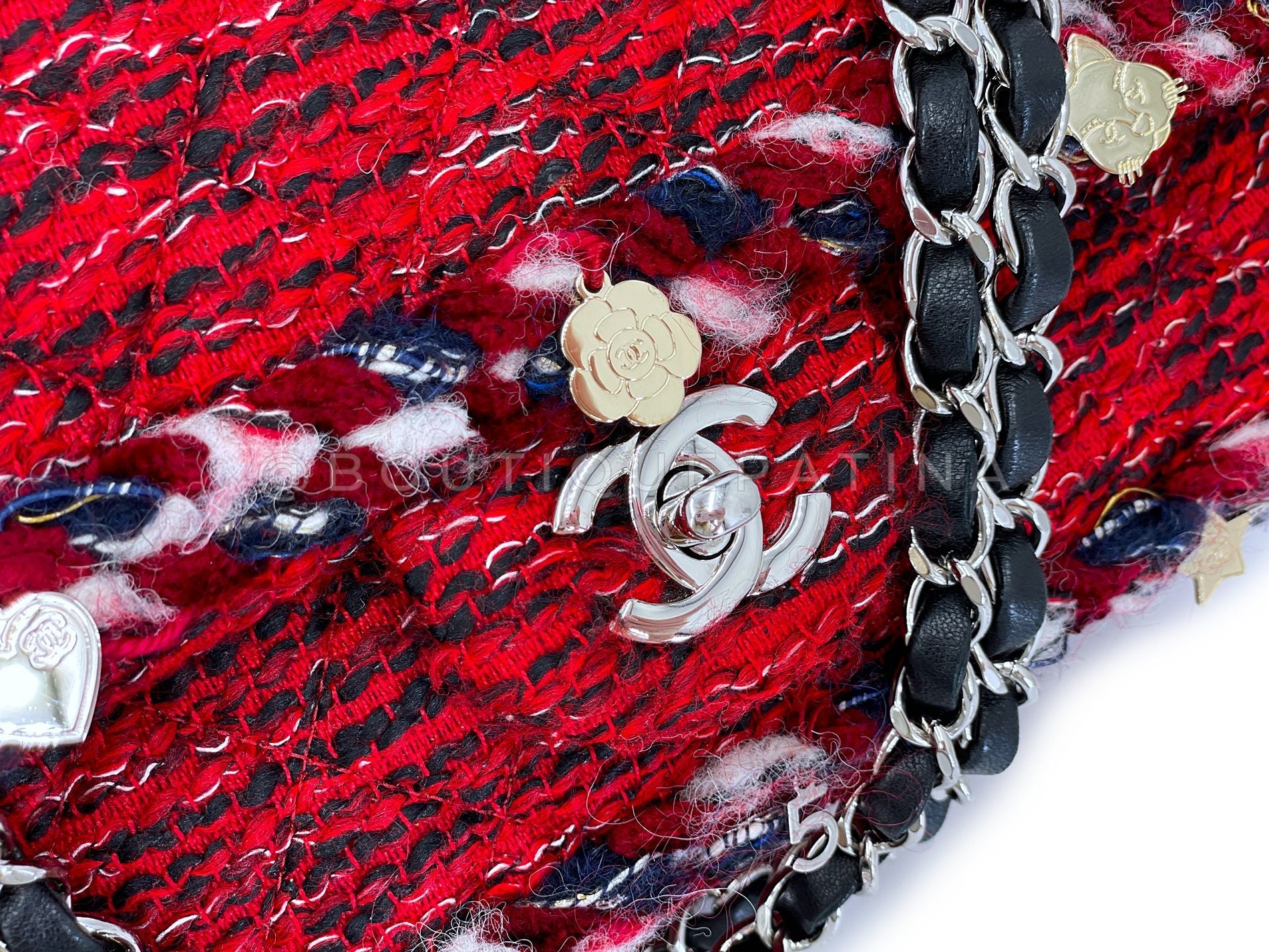 Chanel Red Fringe Tweed Charms Medium Classic Double Flap Bag SHW SEM - Image 8