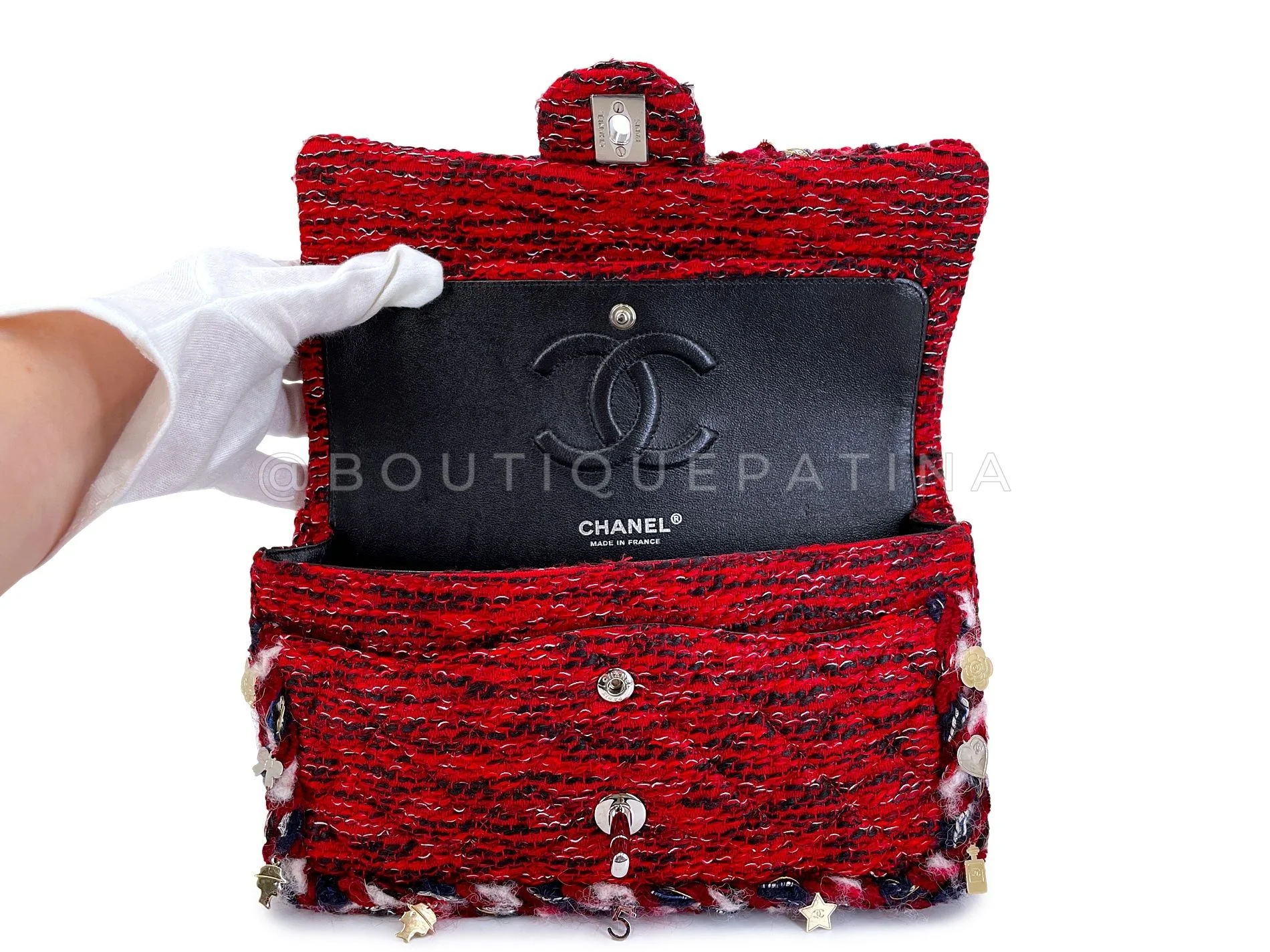 Chanel Red Fringe Tweed Charms Medium Classic Double Flap Bag SHW SEM - Image 9