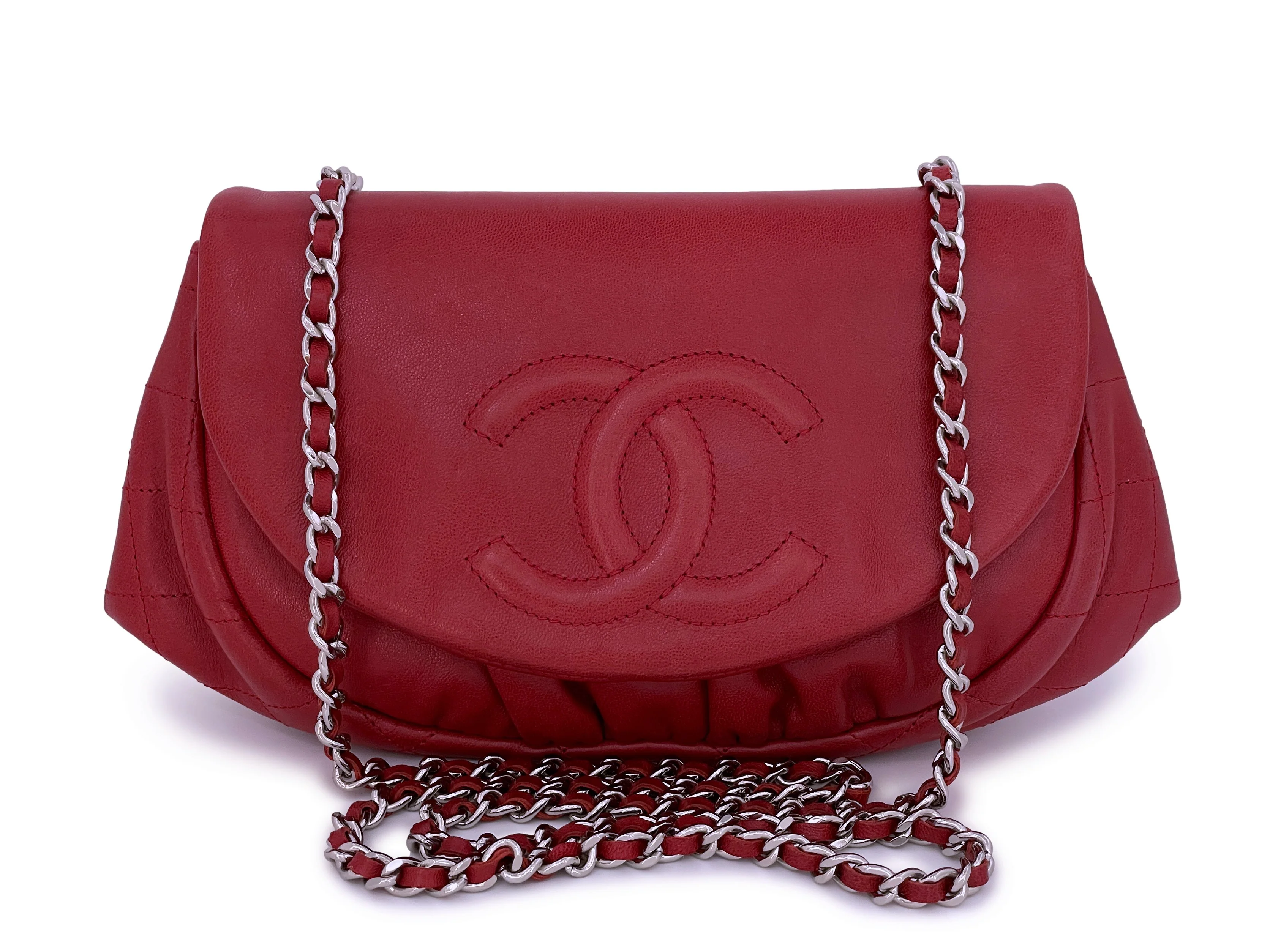 Chanel Red Half Moon Wallet on Chain WOC Flap Bag SHW Lambskin
