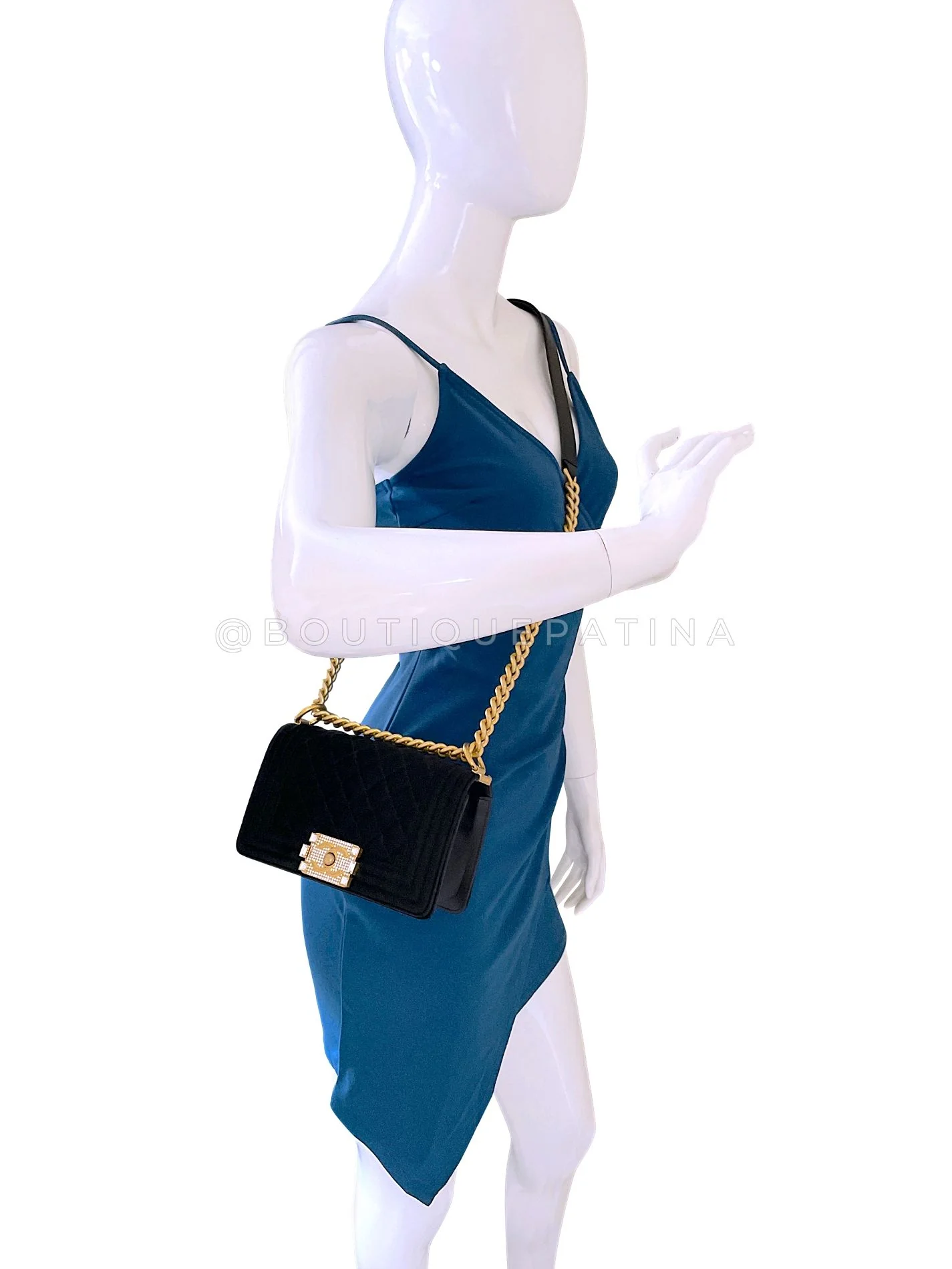 Chanel Small Boy Flap Bag Black Velvet Emerald-Cut Crystal Clasp GHW UGC - Image 17
