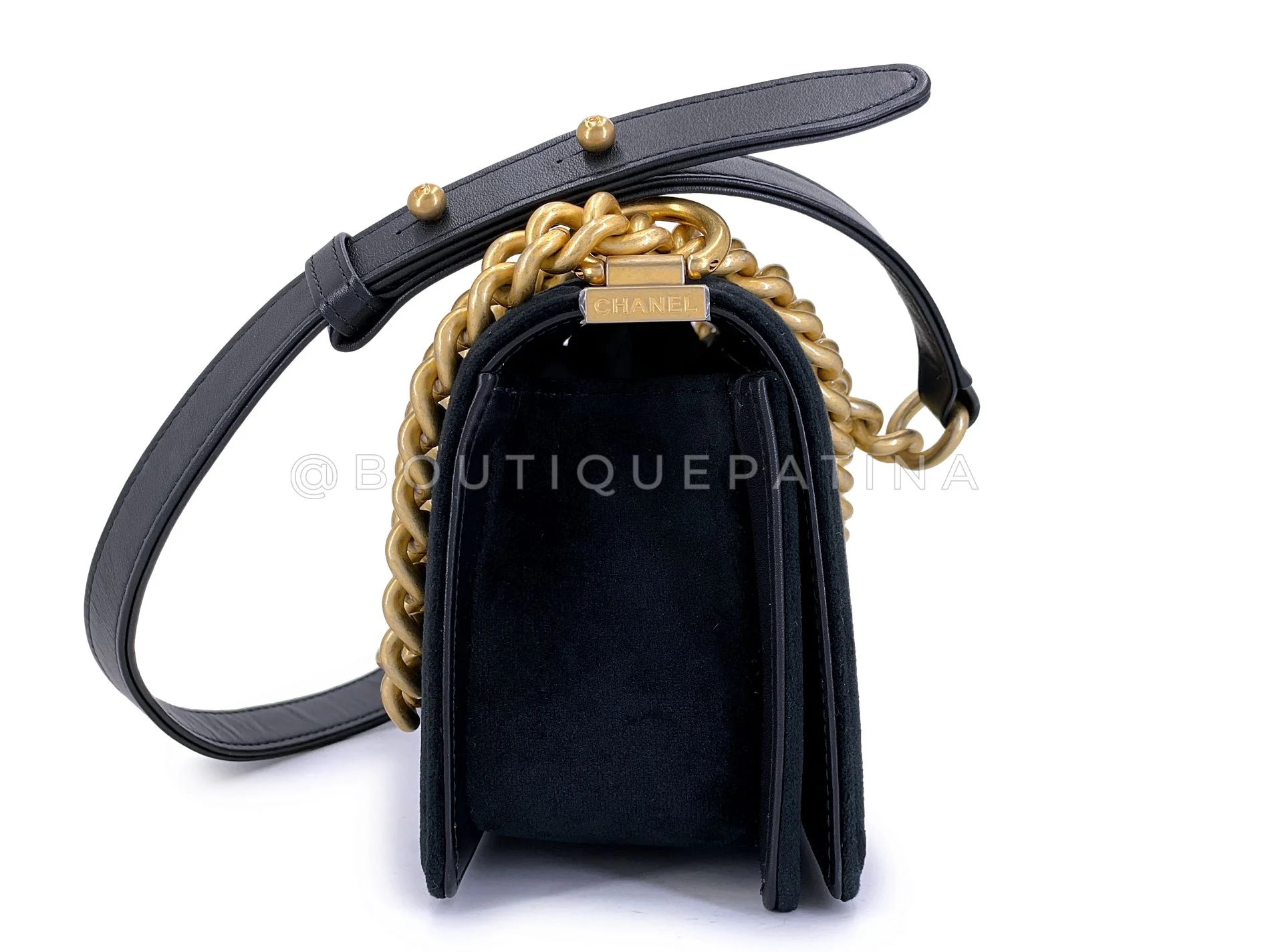 Chanel Small Boy Flap Bag Black Velvet Emerald-Cut Crystal Clasp GHW UGC - Image 4