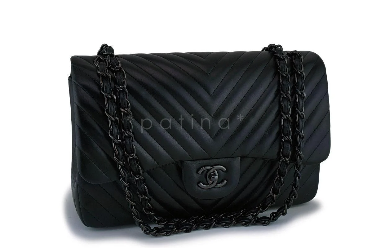 Chanel So Black Chevron Lambskin Jumbo Classic Double Flap Bag O9P - Image 2