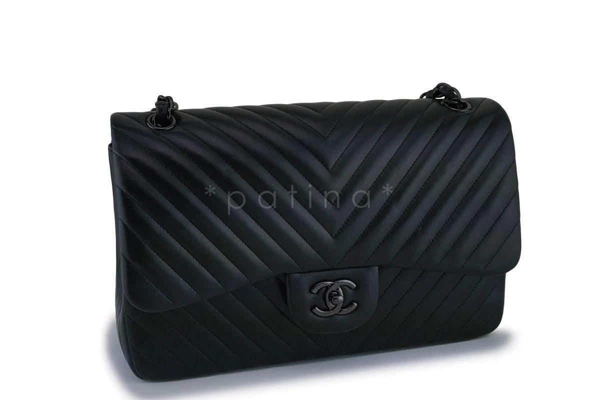Chanel So Black Chevron Lambskin Jumbo Classic Double Flap Bag O9P - Image 3