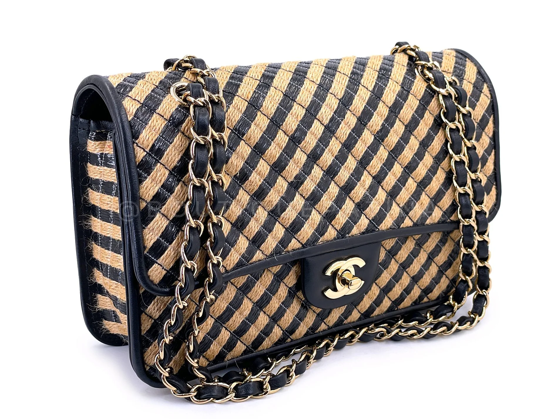 Chanel Straw Raffia Medium Urban Jungle Classic Flap Bag Black Beige GHW 175 - Image 2