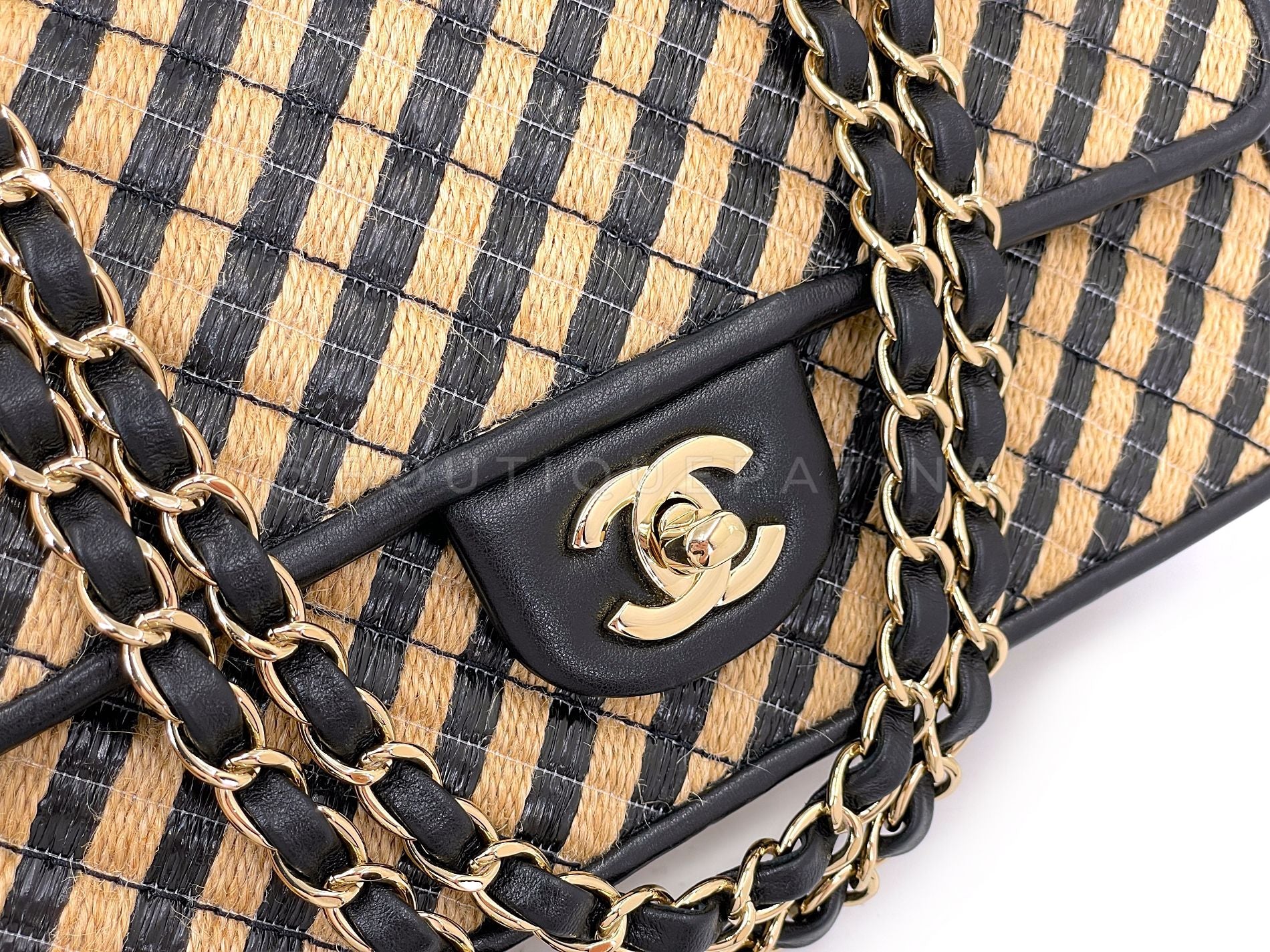 Chanel Straw Raffia Medium Urban Jungle Classic Flap Bag Black Beige GHW 175 - Image 8